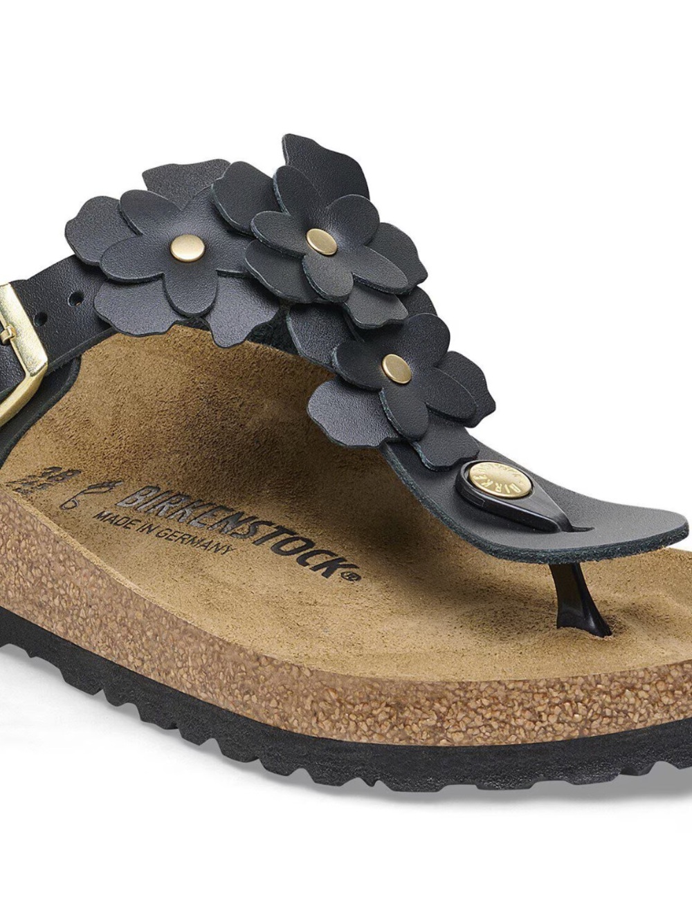 Birkenstock Black Floral Gizeh Thong Sandal with Gold Accents